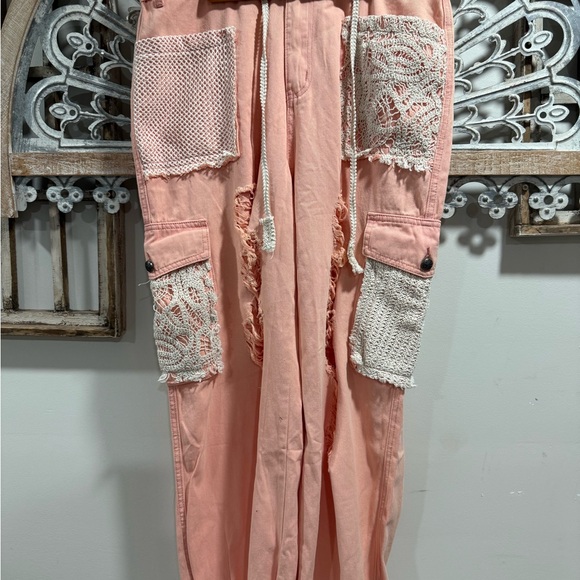 Creamy Pink Cargo Pants with Lace Accents and distressed front. - Picture 5 of 5